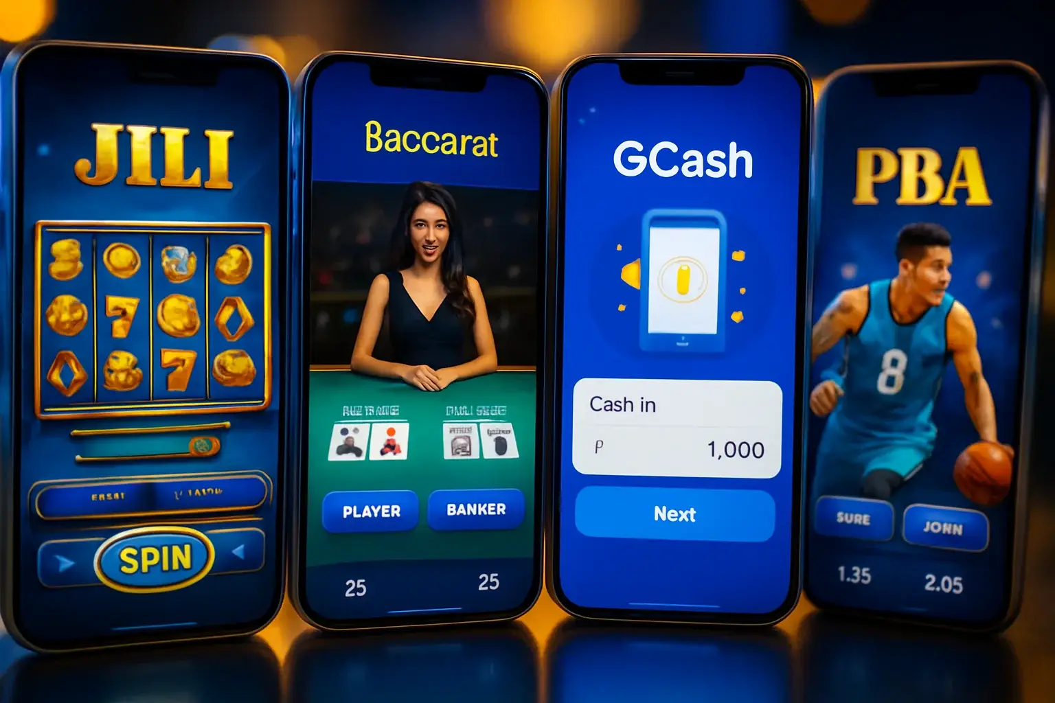 Android screens showing Philippine casino app with slots, baccarat, GCash, sports betting