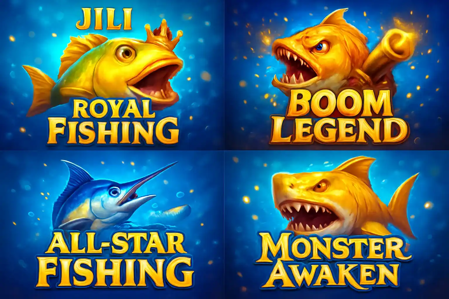 Grid of popular Philippine fishing game thumbnails in blue and gold