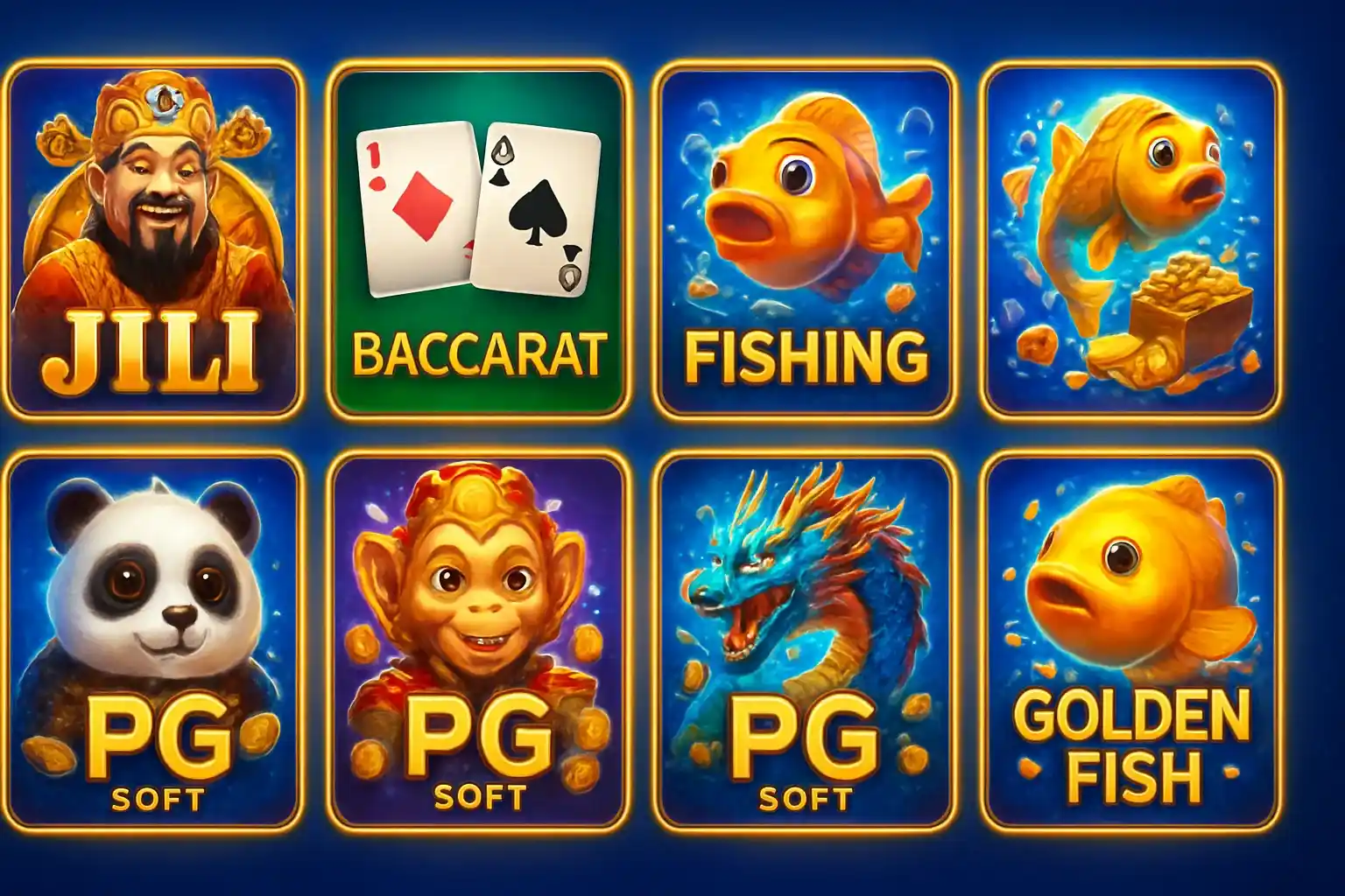 Colorful grid of Philippine casino game thumbnails with blue and gold UI