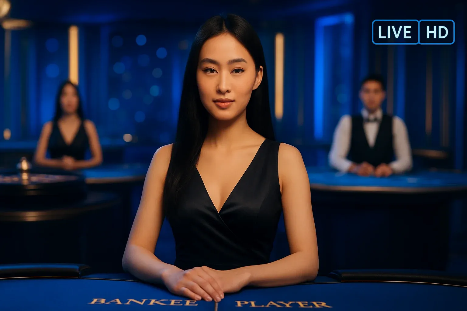 Elegant live casino studio with Asian dealers, baccarat and blackjack tables