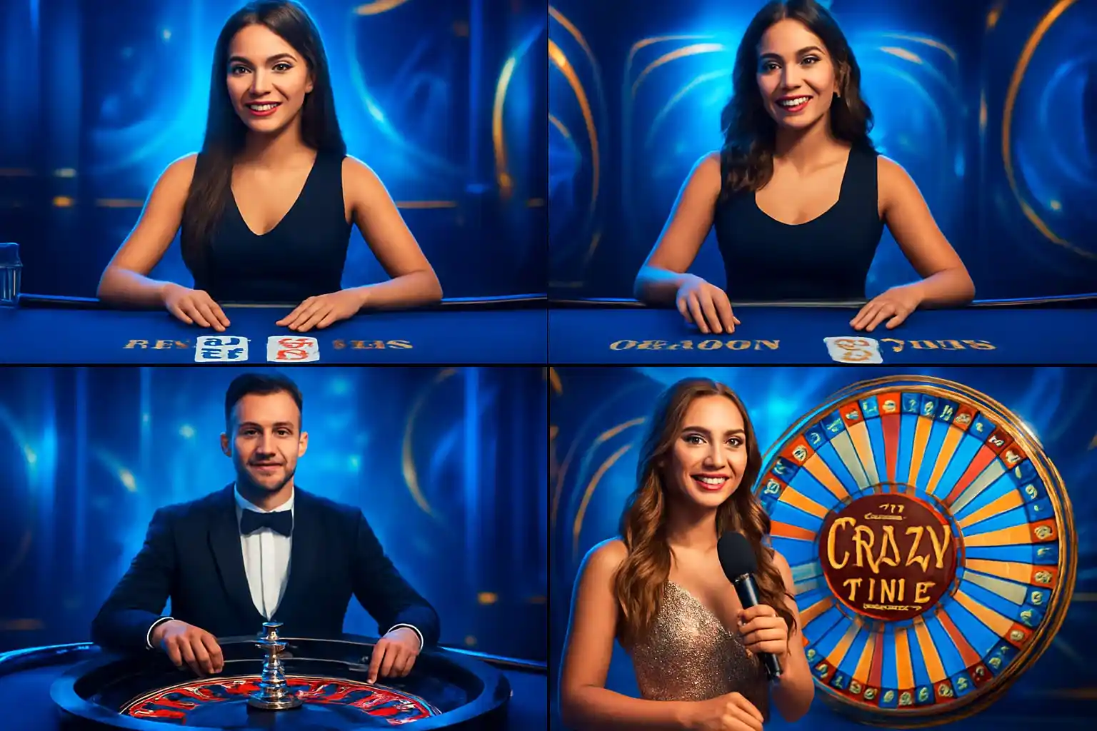 Live casino game cards with baccarat, roulette, Crazy Time, pro dealers