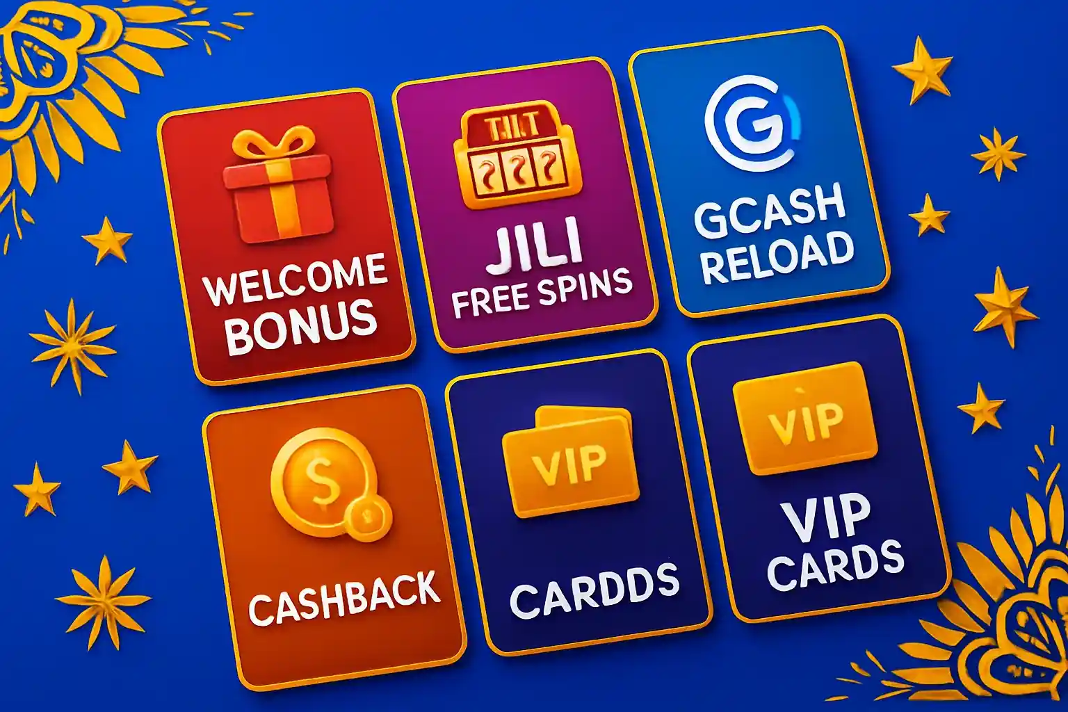 Welcome bonus, JILI free spins, GCash reload, cashback, VIP cards display