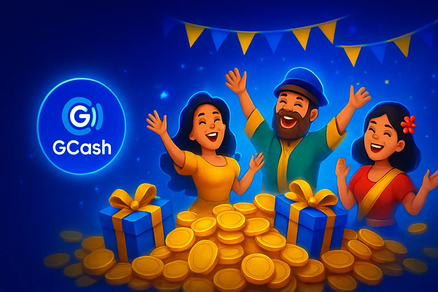 Philippine casino promotions banner with gold coins, gift boxes, GCash badge, JILI characters
