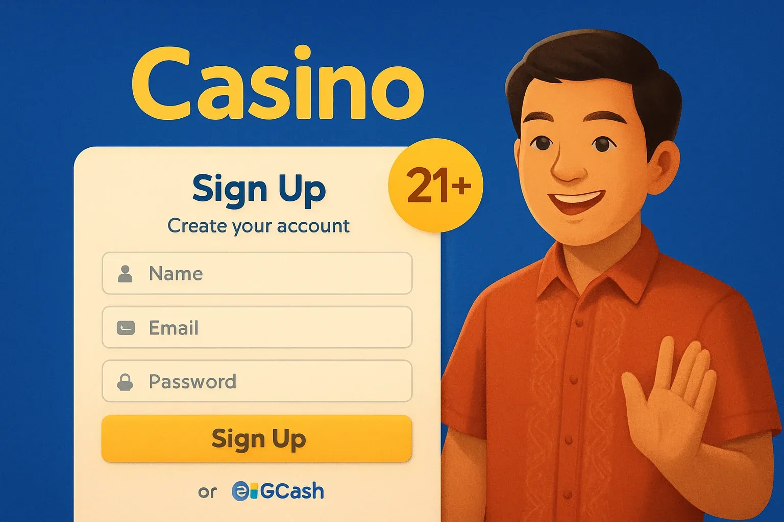 Philippine casino registration page with GCash logo and gold 21+ badge