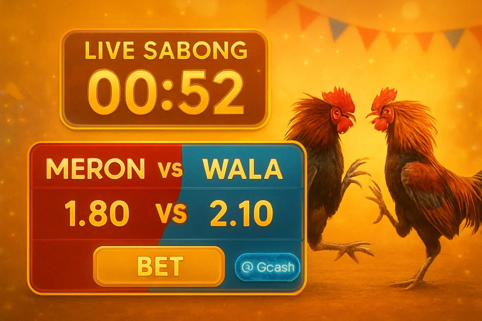 Live sabong countdown timer with Meron vs Wala betting panel and GCash badge