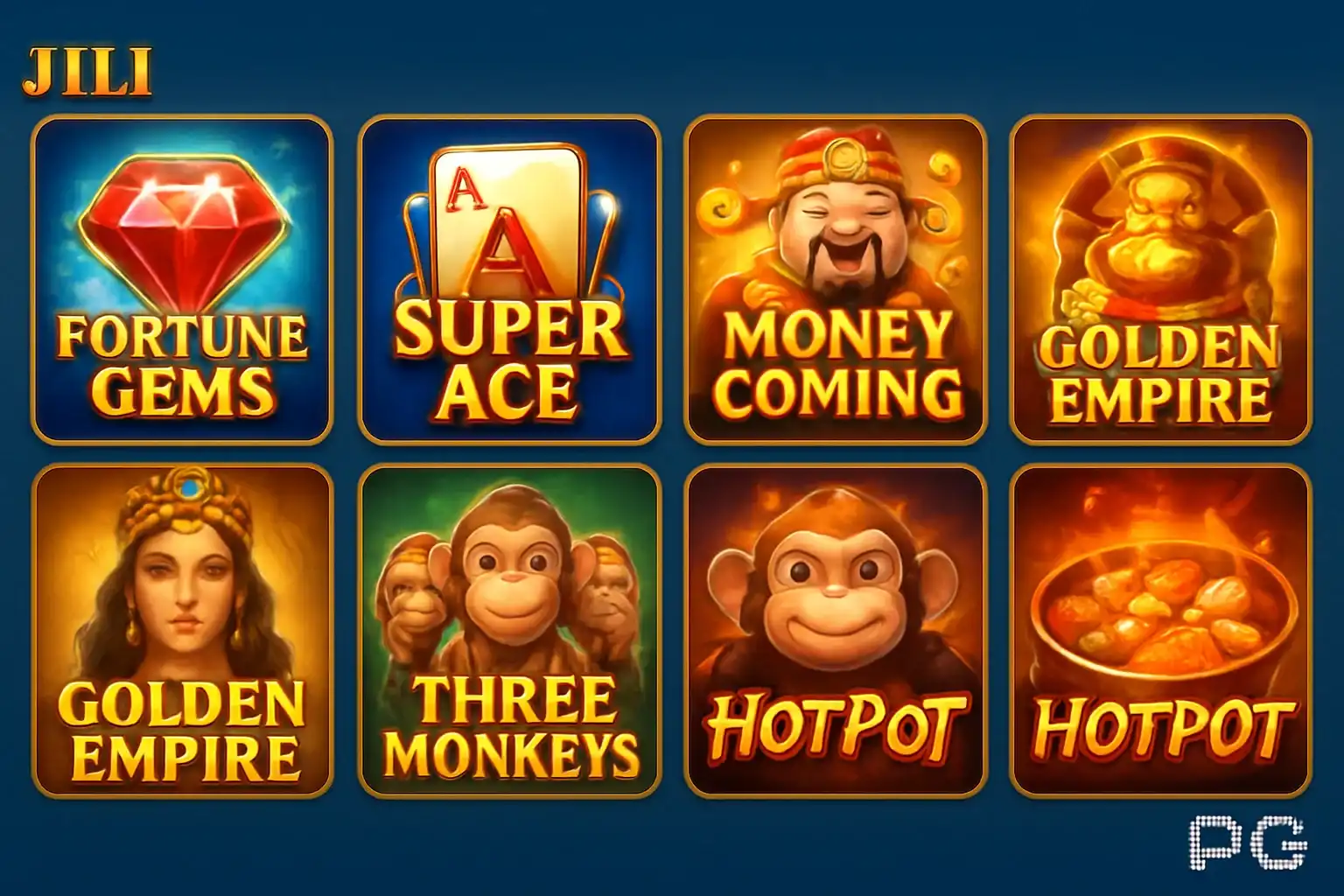 Grid of JILI and PG Soft slot game thumbnails on blue gold background