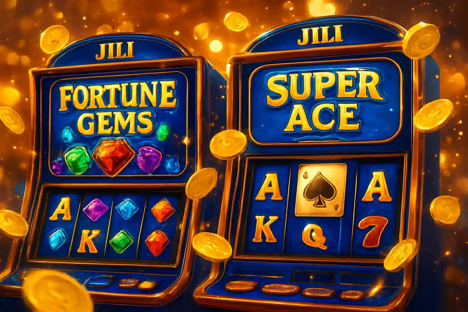 Bright Philippine casino slot machines with JILI symbols and exploding gold coins