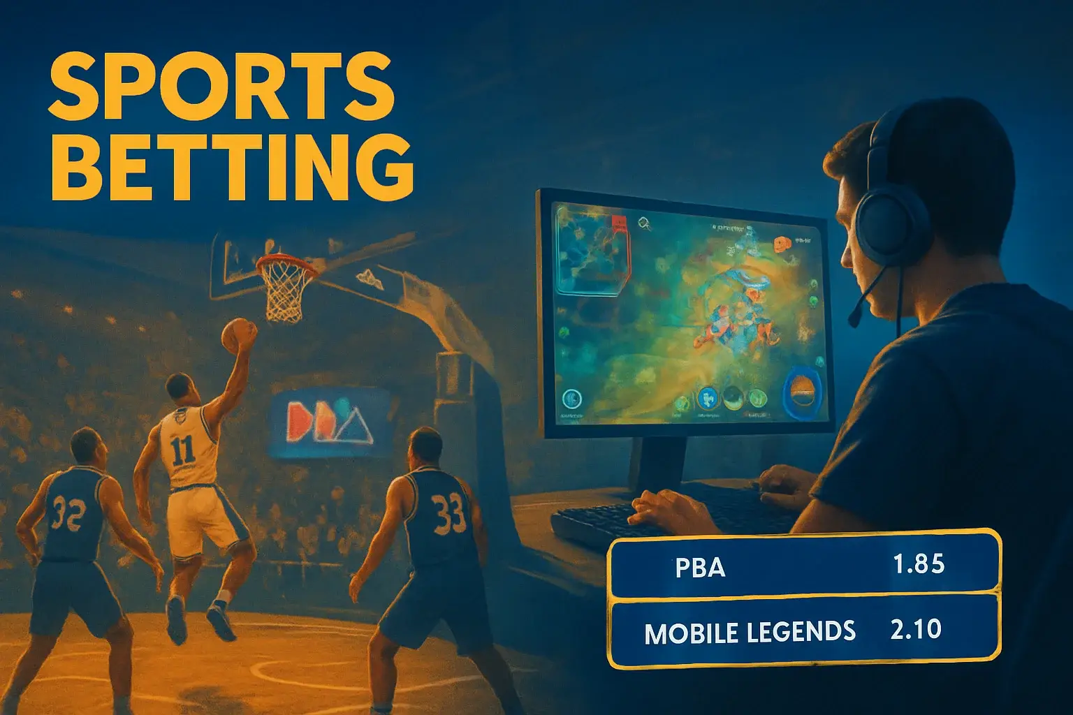 Dynamic Philippine sports betting banner with PBA action and Mobile Legends setup