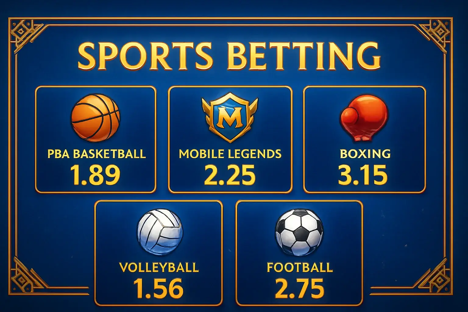 Sports betting markets with PBA, Mobile Legends, boxing, volleyball, football odds